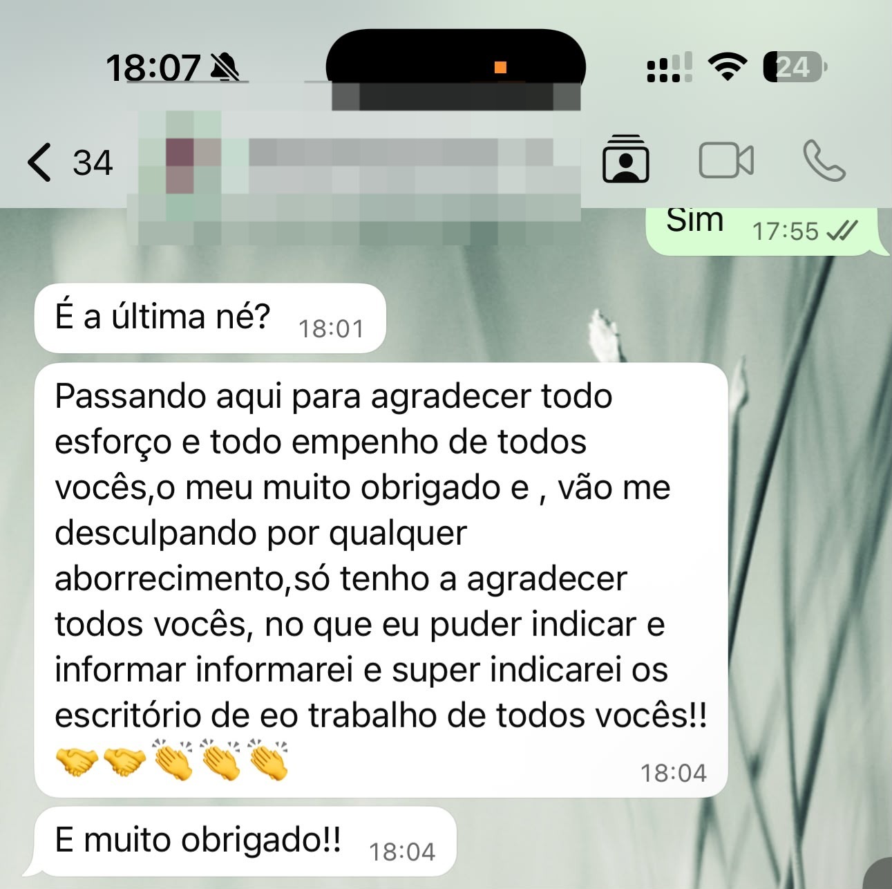 Depoimento de cliente via WhatsApp